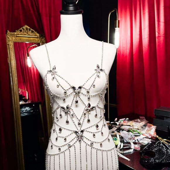 Rhinestone Crystal Body Chain Dress, Shoulder Lingerie Top Festival Body Jewelry - Picture 10 of 12